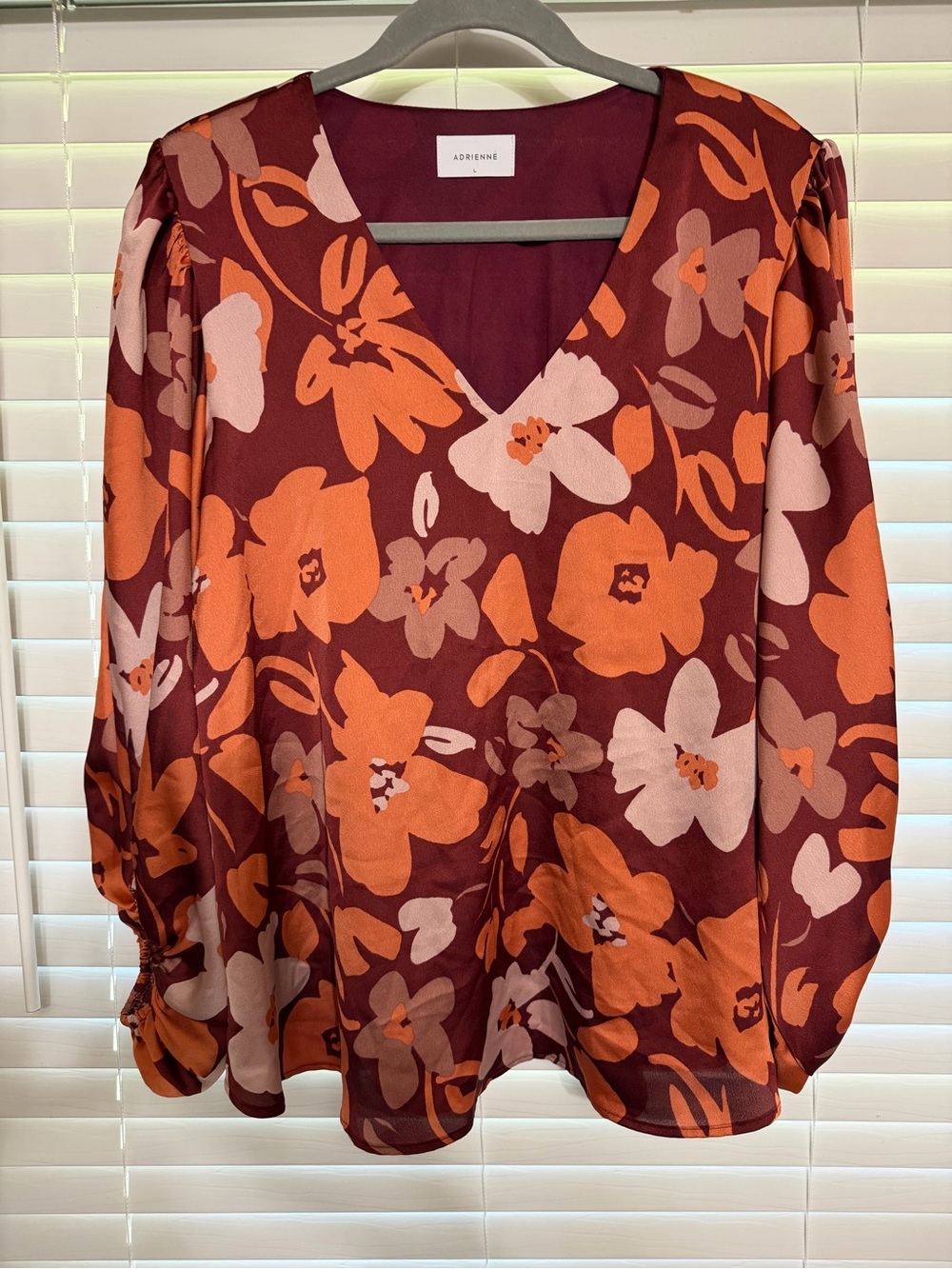 Adrienne Floral V-Neck Blouse in Burgundy,Brown and Orange